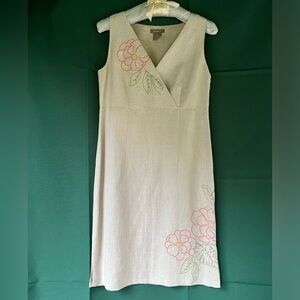 KENAR Size 8 Linen midi dress. Floral embroidery. Fully lined. Crossover bodice.